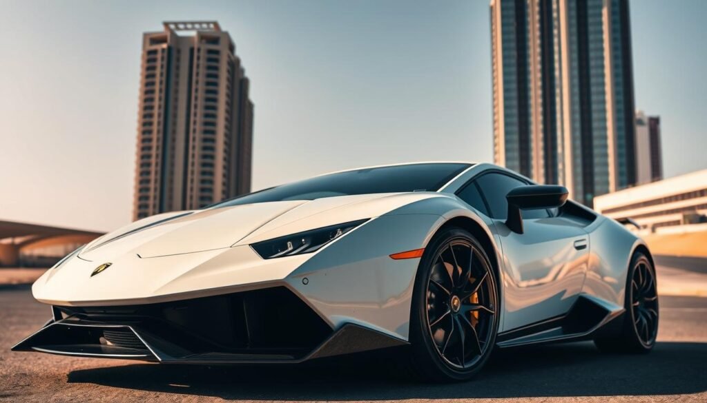 A luxurious Lamborghini supercar parked in the heart of Riyadh, Saudi Arabia. The sleek, aerodynamic body gleams under the warm desert sun, its sharp angles and distinctive design cues immediately recognizable. The car is the focal point, set against a backdrop of modern high-rise buildings and a cloudless sky. The perspective is slightly elevated, giving a sense of grandeur and exclusivity. The lighting is natural and directional, casting dramatic shadows that accentuate the vehicle's stunning curves. The overall mood is one of opulence, power, and the pinnacle of automotive engineering.
