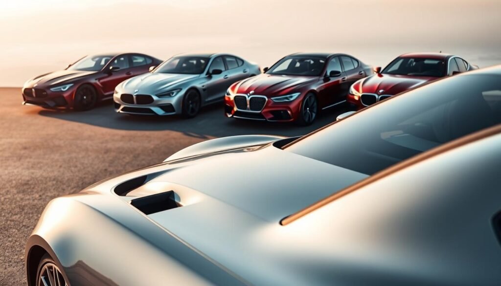 A luxurious lineup of high-end, meticulously crafted automobiles gleaming under a soft, diffused light. The foreground features a sleek, aerodynamic sports car with a streamlined silhouette, its chrome accents catching the light and reflecting the surrounding environment. In the middle ground, a quartet of prestigious sedans in a range of bold, sophisticated colors stand in a dynamic, symmetrical arrangement, conveying a sense of power and prestige. The background gently fades into a soft, hazy blur, allowing the vehicles to take center stage. The overall scene exudes an air of exclusivity, refinement, and the pinnacle of automotive engineering and design.
