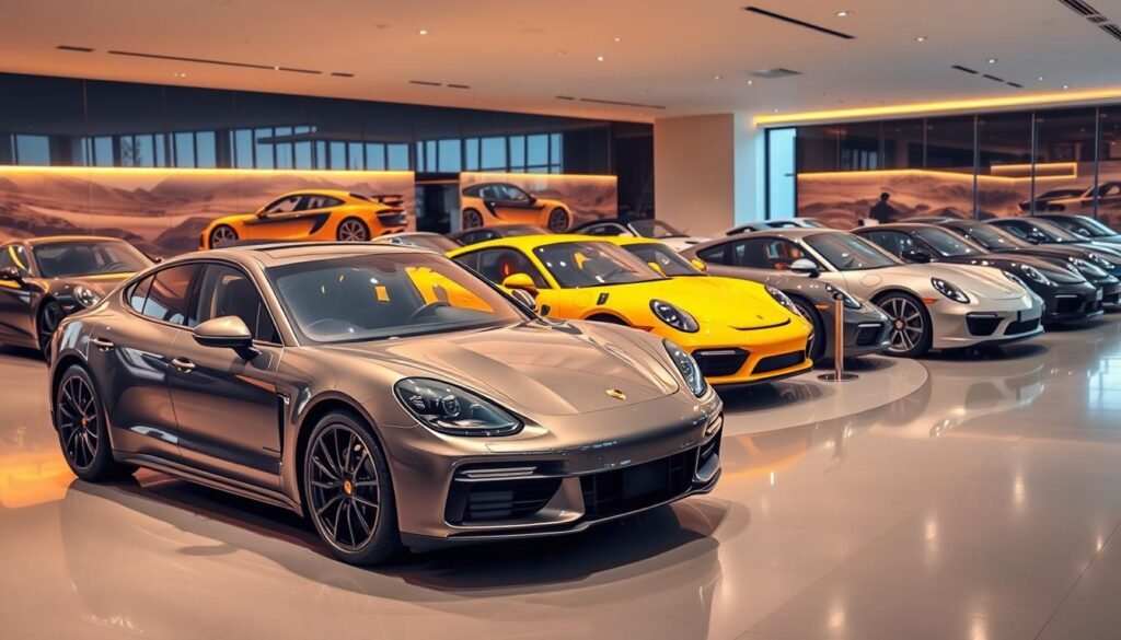 A luxurious showroom in Riyadh, Saudi Arabia, showcasing the latest Porsche models. The sleek, aerodynamic silhouettes of the vehicles glisten under the warm, diffused lighting, inviting visitors to admire their elegant design and high-performance capabilities. In the foreground, a Porsche Panamera sedan in a deep metallic hue commands attention, its sharp lines and muscular stance reflecting the brand's commitment to both style and power. In the middle ground, a Porsche 911 Turbo S coupe in a vibrant shade of yellow stands ready to unleash its turbocharged acceleration, while in the background, a fleet of various Porsche models, including the Cayenne SUV and the all-electric Taycan, are neatly arranged, highlighting the breadth of the manufacturer's offerings in the Saudi Arabian market. A luxurious showroom in Riyadh, Saudi Arabia, showcasing the latest Porsche models. The sleek, aerodynamic silhouettes of the vehicles glisten under the warm, diffused lighting, inviting visitors to admire their elegant design and high-performance capabilities. In the foreground, a Porsche Panamera sedan in a deep metallic hue commands attention, its sharp lines and muscular stance reflecting the brand's commitment to both style and power. In the middle ground, a Porsche 911 Turbo S coupe in a vibrant shade of yellow stands ready to unleash its turbocharged acceleration, while in the background, a fleet of various Porsche models, including the Cayenne SUV and the all-electric Taycan, are neatly arranged, highlighting the breadth of the manufacturer's offerings in the Saudi Arabian market.