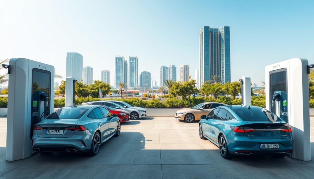 A modern electric vehicle charging station in Saudi Arabia, with sleek, minimalist design and advanced charging technology. The station is located in a well-lit outdoor setting, with clean lines and a neutral color palette that blends seamlessly with the surrounding environment. The foreground features several charging points, each equipped with high-power connectors and intuitive user interfaces. In the middle ground, several electric cars of different makes and models are shown charging, their streamlined silhouettes and vibrant colors reflecting the station's modern aesthetic. The background depicts a serene urban landscape, with tall buildings, lush greenery, and a clear, blue sky overhead, creating a calming and inviting atmosphere.