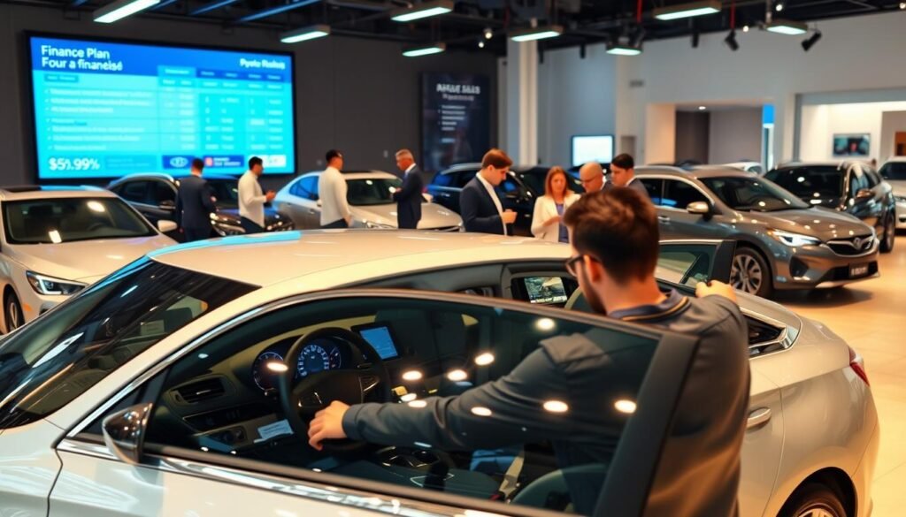A modern showroom with sleek, well-lit displays showcasing a variety of sedan and SUV models. In the foreground, a customer examines the interior of a mid-size sedan, carefully inspecting the leather upholstery and dashboard controls. The middle ground features sales associates engaged in lively discussions with prospective buyers, guiding them through the purchasing process. In the background, a large digital screen displays financing options and payment plans, creating a sense of transparency and professionalism. The overall scene conveys an atmosphere of efficiency, attention to detail, and a customer-centric approach to vehicle acquisition.