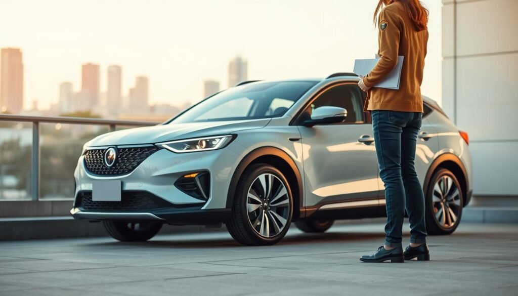 A modern, sleek automobile parked in a well-lit urban setting, its crisp lines and vibrant color reflecting the importance of renewing its vehicle registration. In the foreground, a person stands beside the car, holding a document, conveying the sense of responsibility and attention to detail required for this administrative task. The mid-ground features a cityscape backdrop, hinting at the broader context of the process. Soft, warm lighting illuminates the scene, creating a professional and authoritative atmosphere. The overall composition emphasizes the significance of this essential automotive maintenance, underscoring the need for diligence and timeliness.