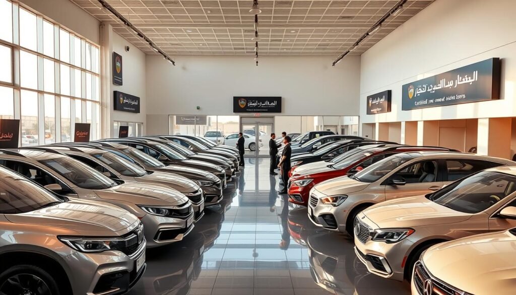 A modern, well-equipped showroom for certified pre-owned vehicles in Saudi Arabia. The spacious interior is bathed in warm, natural lighting that cascades through large windows, creating a welcoming ambiance. Neatly arranged rows of gleaming sedans, SUVs, and sports cars in a variety of makes and models beckon potential buyers. Knowledgeable sales staff engage with customers, providing detailed information about the vehicle specifications, history, and maintenance records. The showroom's branding and signage convey a sense of professionalism and trust, assuring customers of the dealership's credibility and commitment to quality. Outside, the facade features a sleek, contemporary design that reflects the sophistication of the Saudi automotive market.