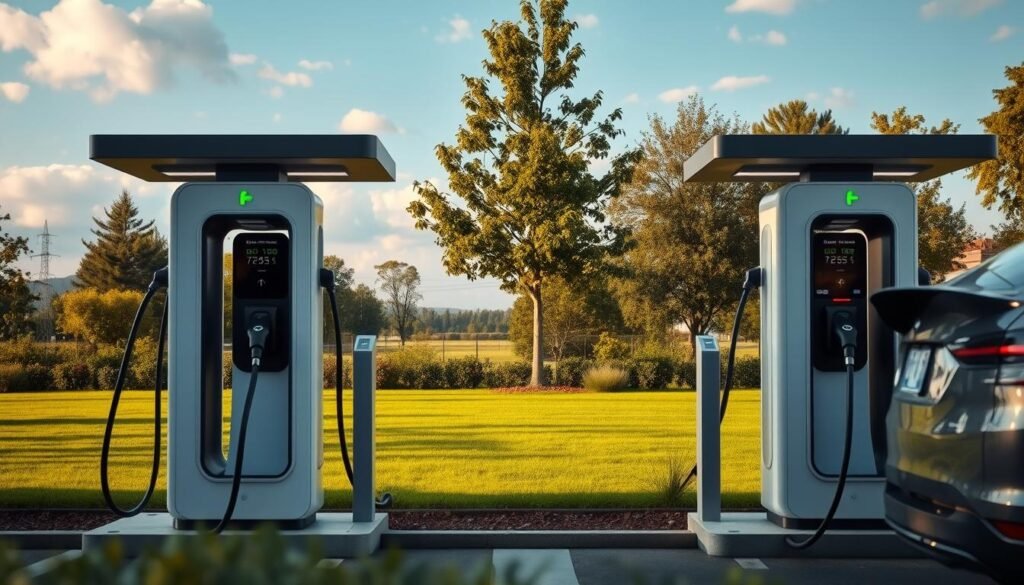 A modern, well-lit electric vehicle charging station nestled in a tranquil, suburban setting. The station features multiple charging ports for both standard and fast charging, catering to a range of electric car models. The foreground showcases sleek, futuristic chargers with intuitive interfaces, while the background depicts lush greenery and a serene, cloudless sky. The overall atmosphere exudes a sense of convenience, sustainability, and environmental harmony, reflecting the seamless integration of electric mobility into daily life.