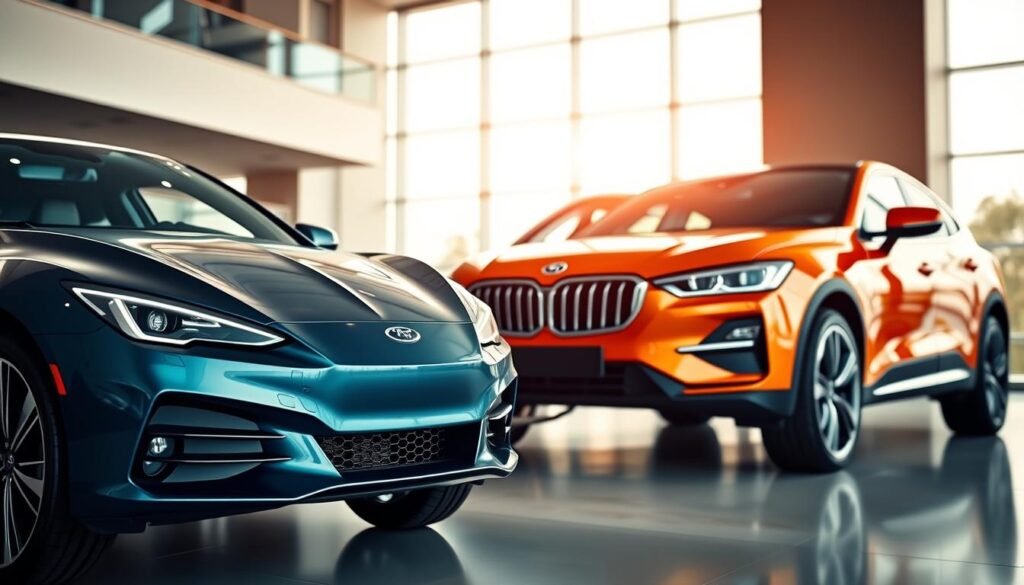 A modern, well-lit showroom displaying two distinct car models, each meticulously detailed. The foreground features the front view of a sleek, sporty sedan in a bold, vibrant color, its curves and lines accentuated by strategic lighting. In the middle ground, a larger, family-oriented SUV stands in a complementary, more subdued hue, showcasing its spacious interior and advanced safety features. The background subtly blends modern architectural elements, creating a sense of sophistication and an air of thoughtful decision-making. The overall scene conveys a harmonious balance between form, function, and the buyer's future needs, inviting the viewer to carefully consider their car-buying preferences.