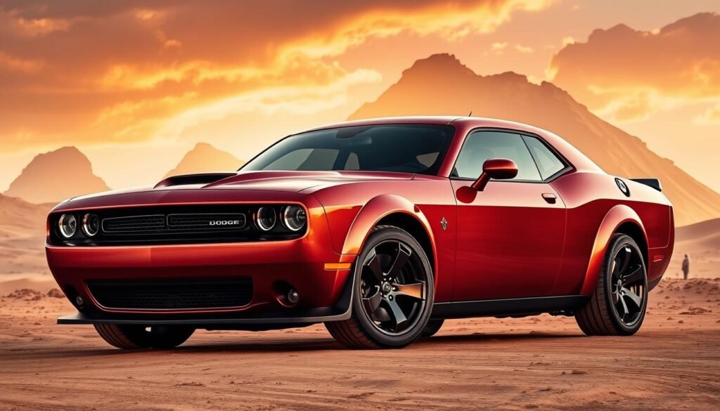 A powerful, sleek, and unapologetic Dodge vehicle stands proudly against a dramatic desert backdrop. Towering dunes and a blazing sky create a rugged, awe-inspiring atmosphere. The car's muscular frame, sculpted curves, and bold design convey an uncompromising presence. Sunlight glints off the glossy paint, hinting at the raw strength and unrelenting performance that lies within. This is a vehicle built to conquer any terrain, with a commanding stance that demands attention. The image embodies the essence of "قوة بلا هوادة" - an unstoppable force of nature that perfectly aligns with the driver's adventurous spirit and thirst for the open road.
