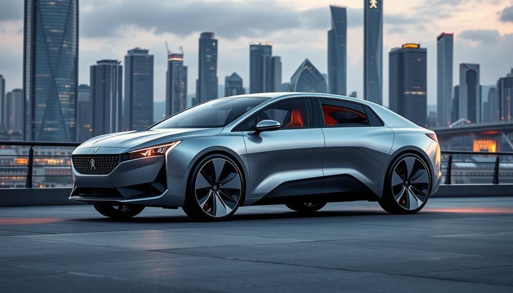 A sleek, futuristic sedan emerges, the embodiment of Peugeot's 2025 design innovations. Smooth, aerodynamic lines glide across the body, accentuated by a striking grille and angular headlights that radiate a bold, confident presence. The cabin features an integrated, seamless dashboard with a expansive digital display, blending form and function. Ambient lighting casts a warm, futuristic glow, complementing the vehicle's advanced driver-assistance systems and intuitive controls. In the background, a cityscape of towering skyscrapers and gleaming infrastructure sets the stage for this technological marvel, a testament to Peugeot's commitment to pushing the boundaries of automotive design and technology.