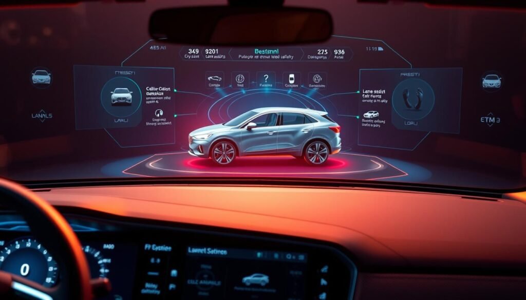 A sophisticated, high-tech control panel showcasing the advanced safety features of an ideal family car. In the foreground, a sleek dashboard with intuitive touch controls and digital displays, bathed in a warm, ambient light. The middle ground features a virtual 3D model of the car, rotating slowly to highlight its design and safety elements. In the background, a futuristic HUD projects data on collision detection, lane assist, and other smart safety systems. The overall scene conveys a sense of cutting-edge technology, precision engineering, and unwavering protection for the family. A sophisticated, high-tech control panel showcasing the advanced safety features of an ideal family car. In the foreground, a sleek dashboard with intuitive touch controls and digital displays, bathed in a warm, ambient light. The middle ground features a virtual 3D model of the car, rotating slowly to highlight its design and safety elements. In the background, a futuristic HUD projects data on collision detection, lane assist, and other smart safety systems. The overall scene conveys a sense of cutting-edge technology, precision engineering, and unwavering protection for the family.