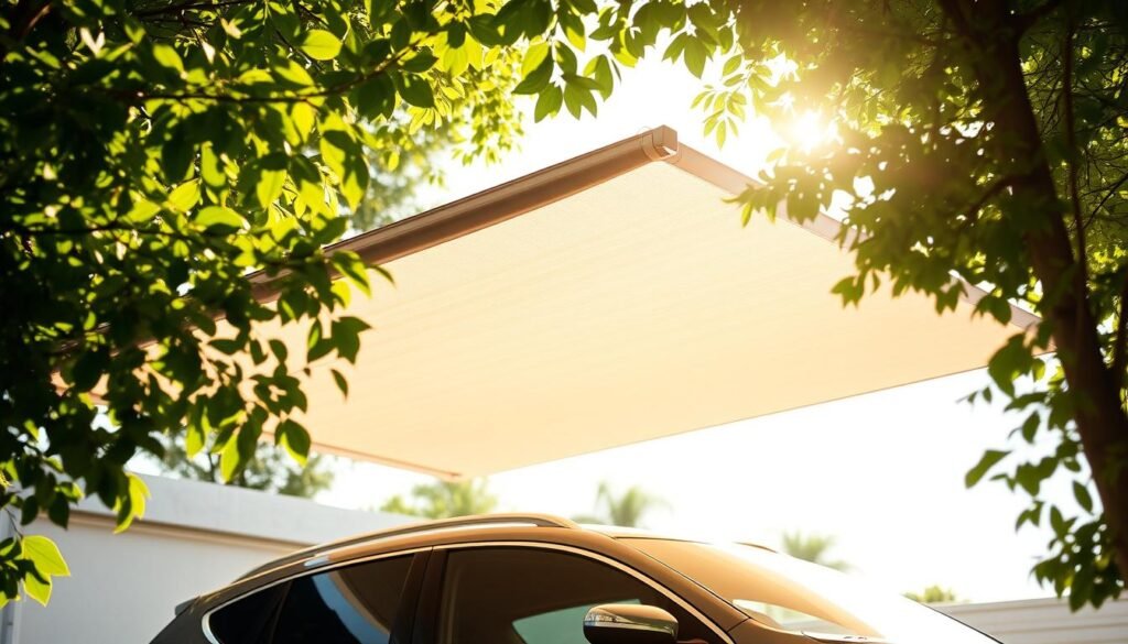 A sun-dappled outdoor scene showcasing a sleek, modern retractable car canopy. The fabric awning unfurls gracefully, casting a gentle shadow over the vehicle below. Lush greenery frames the scene, creating a peaceful, naturalistic ambiance. Warm, diffused lighting illuminates the textured fabric, highlighting its durability and weather-resistant properties. The canopy's sophisticated, minimalist design blends seamlessly with the car's sleek lines, offering optimal protection from the sun's harsh rays and unexpected showers. This dynamic, high-quality shade solution provides a practical yet visually striking focal point, elevating the overall aesthetic of the driveway or parking area.