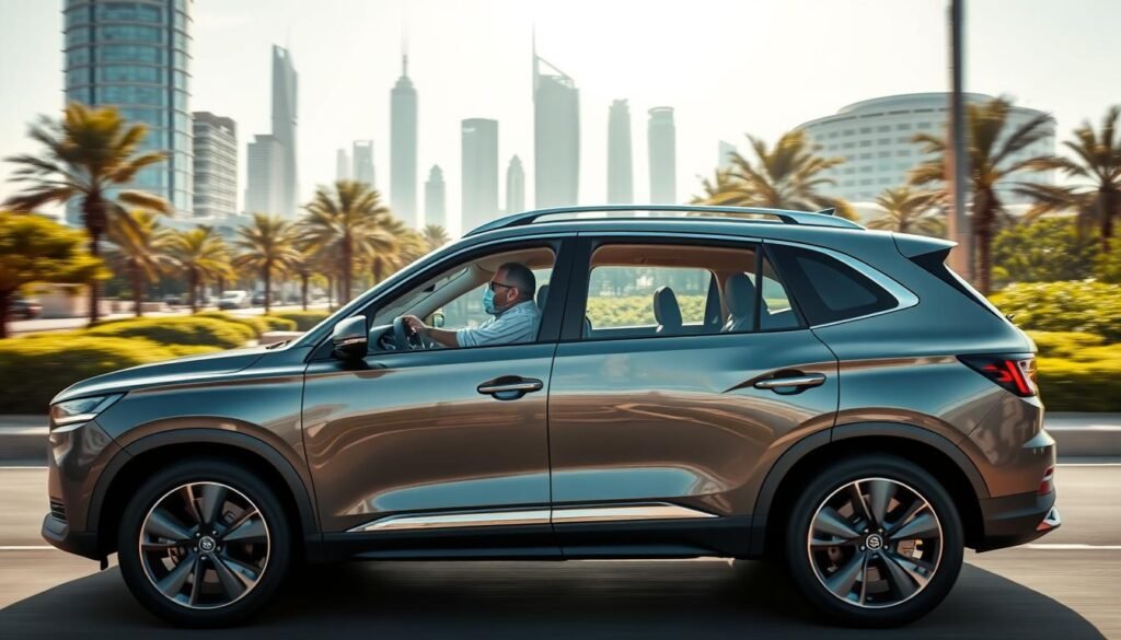 A well-designed, spacious family SUV cruising through the sun-dappled streets of Riyadh. The elegant exterior features a sleek, aerodynamic silhouette and bold chrome accents. Inside, plush leather seating and advanced infotainment systems create a comfortable, high-tech cabin perfect for long journeys. Large windows allow ample natural light, while the powerful engine and responsive handling deliver a smooth, confident ride. In the background, the modern city skyline and lush greenery reflect the Kingdom's progression towards a sustainable, family-focused future. This versatile, premium vehicle embodies the ideal Saudi family car for the coming years. A well-designed, spacious family SUV cruising through the sun-dappled streets of Riyadh. The elegant exterior features a sleek, aerodynamic silhouette and bold chrome accents. Inside, plush leather seating and advanced infotainment systems create a comfortable, high-tech cabin perfect for long journeys. Large windows allow ample natural light, while the powerful engine and responsive handling deliver a smooth, confident ride. In the background, the modern city skyline and lush greenery reflect the Kingdom's progression towards a sustainable, family-focused future. This versatile, premium vehicle embodies the ideal Saudi family car for the coming years.