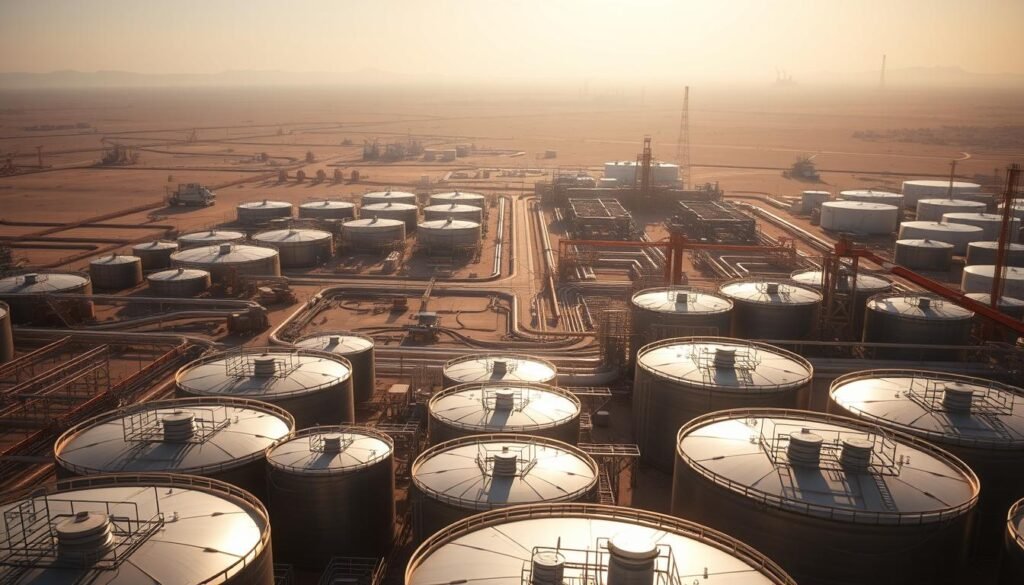 A bustling Saudi oil market, bathed in warm afternoon sunlight. In the foreground, rows of oil tankers and storage tanks, their steel surfaces gleaming. In the middle ground, a network of pipelines, valves, and processing facilities, all humming with activity. In the background, a panoramic vista of the desert landscape, dotted with distant oil rigs and the hazy silhouettes of the Riyadh skyline. The scene conveys a sense of scale, efficiency, and the pivotal role Saudi Arabia plays in the global energy market. Cinematically framed, with a wide-angle lens to capture the scope of the industry, and soft, diffused lighting to evoke a sense of importance and grandeur.