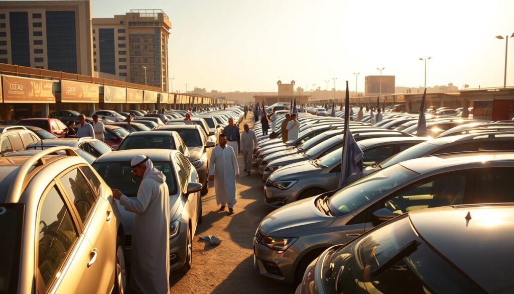 A bustling used car market in Saudi Arabia, showcasing a diverse array of vehicles on display. The scene is bathed in warm, golden sunlight, casting long shadows across the rows of cars. Prospective buyers examine the vehicles, negotiating prices and inspecting engines. In the background, a mix of modern and traditional architecture frames the marketplace, reflecting the country's rich cultural heritage. The atmosphere is vibrant and lively, with the hum of activity and the occasional honk of a horn. The composition captures the essence of the thriving used car industry, highlighting the integral role it plays in the Saudi Arabian automotive landscape.