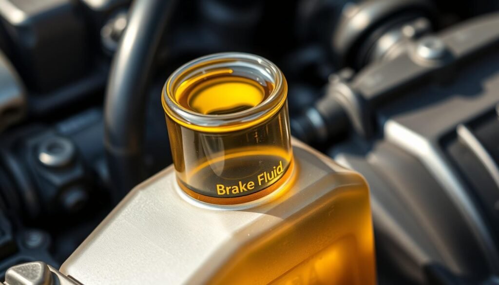 A close-up view of a car's brake fluid reservoir, filled with a clear, golden-amber liquid representing fresh brake fluid. The reservoir sits against a backdrop of the car's engine components, with soft shadows and highlights suggesting a well-lit, technical environment. The fluid's clarity and color contrast with the metallic, industrial surroundings, visually emphasizing its importance in the car's safety systems. The angle and framing draw the viewer's attention to the reservoir, conveying the crucial role of regularly changing the brake fluid to maintain the vehicle's braking performance and road safety.