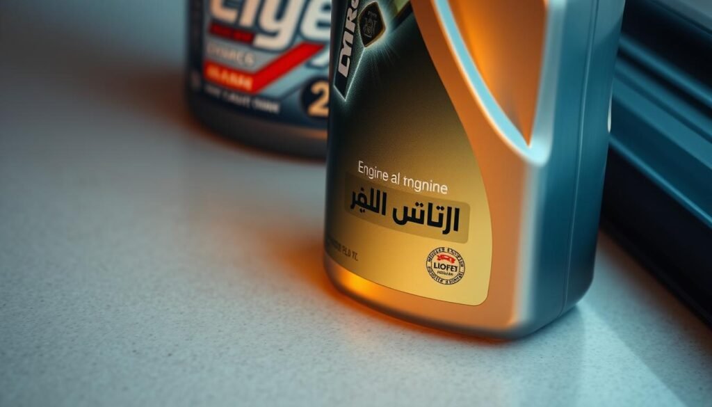 A close-up view of an engine oil bottle, its label prominently displaying the words "وظائف زيت المحرك". The bottle is positioned on a clean, neutral-toned surface, allowing the product to be the main focus. Soft, warm lighting from the side creates subtle shadows and highlights the bottle's curves and textures, giving it a premium, high-quality appearance. The image conveys the importance and functionality of engine oil, supporting the article's section on the significance of oil changes. A close-up view of an engine oil bottle, its label prominently displaying the words "وظائف زيت المحرك". The bottle is positioned on a clean, neutral-toned surface, allowing the product to be the main focus. Soft, warm lighting from the side creates subtle shadows and highlights the bottle's curves and textures, giving it a premium, high-quality appearance. The image conveys the importance and functionality of engine oil, supporting the article's section on the significance of oil changes.
