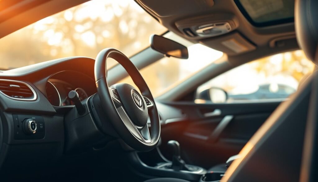 A closeup view of the interior of a used car, with the dashboard, steering wheel, and driver's seat in focus. The lighting is warm and natural, creating a cozy atmosphere. The car's upholstery is well-maintained, and the details of the dashboard controls are clearly visible. The image captures the sense of inspecting and testing a used vehicle before making a purchase, conveying the practical and thoughtful nature of the car-buying process.