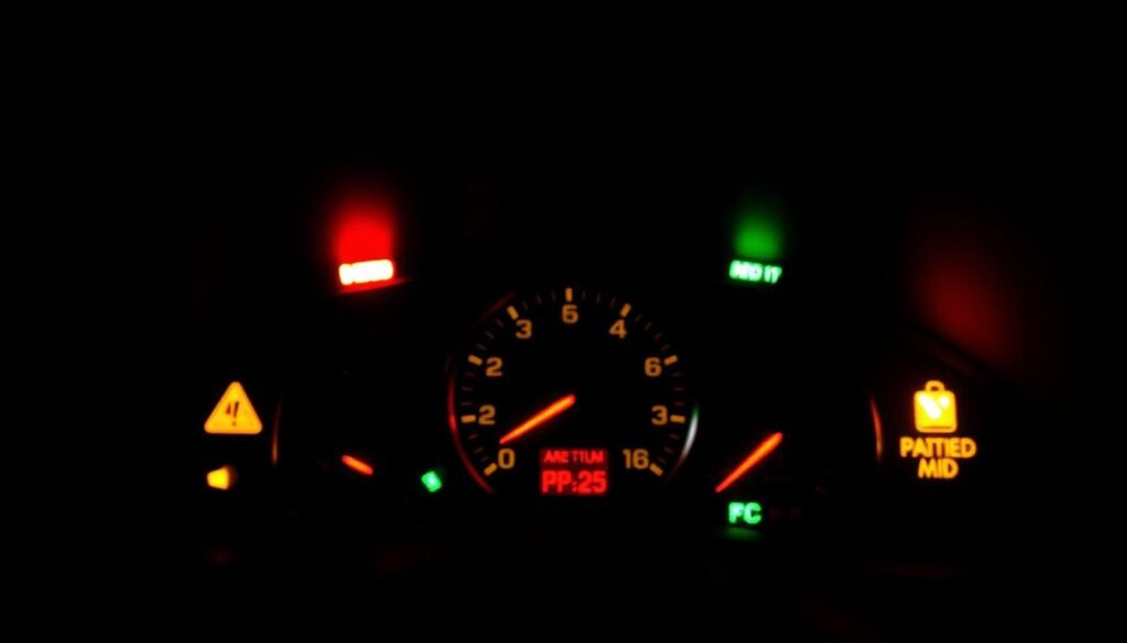 A dashboard with a clear view of various warning lights, illuminated against a dimly lit, high-contrast interior. The lights, in shades of red, amber, and green, stand out sharply, casting an ominous glow across the dashboard. The scene conveys a sense of urgency and the importance of understanding these indicators, which serve as a crucial communication system between the vehicle and the driver. The image should be captured with a shallow depth of field, keeping the dashboard in focus while softening the background, emphasizing the warning lights as the central point of interest. Lighting should be dramatic, creating shadows and highlights that enhance the sense of importance and the need for attentive monitoring. A dashboard with a clear view of various warning lights, illuminated against a dimly lit, high-contrast interior. The lights, in shades of red, amber, and green, stand out sharply, casting an ominous glow across the dashboard. The scene conveys a sense of urgency and the importance of understanding these indicators, which serve as a crucial communication system between the vehicle and the driver. The image should be captured with a shallow depth of field, keeping the dashboard in focus while softening the background, emphasizing the warning lights as the central point of interest. Lighting should be dramatic, creating shadows and highlights that enhance the sense of importance and the need for attentive monitoring.