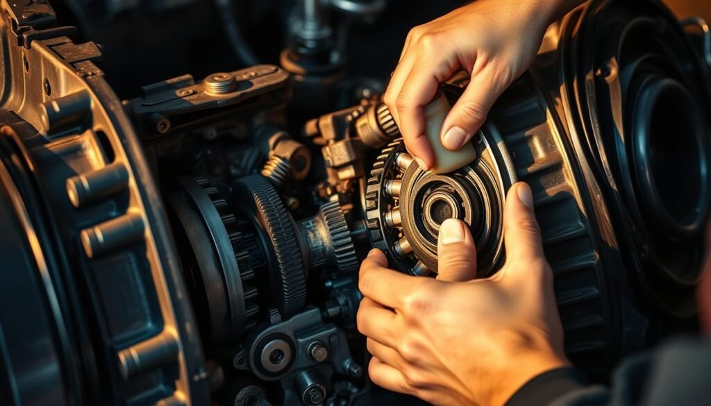 A detailed close-up view of a car transmission system undergoing maintenance. The transmission housing is opened, revealing the intricate gears, bearings, and lubricating components inside. The mechanic's hands are carefully inspecting and cleaning the components, preparing them for a fluid change. Warm, directional lighting illuminates the scene, casting shadows that highlight the complex geometry of the transmission parts. The atmosphere is one of focused attention and technical expertise, conveying the importance of proper transmission service and maintenance.