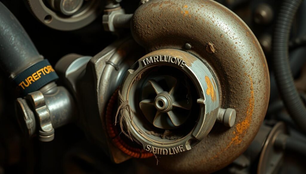 A detailed close-up view of a turbocharger showing visible signs of wear and damage, including a corroded and discolored housing, a damaged impeller, and frayed hoses. The turbocharger is depicted in a dimly lit, industrial setting, with a moody, gritty atmosphere. The lighting highlights the intricate mechanical components and emphasizes the wear and tear. The composition focuses on the turbocharger, with a shallow depth of field to draw the viewer's attention to the malfunctioning parts. The overall image conveys a sense of neglect and the need for maintenance or replacement of the component.