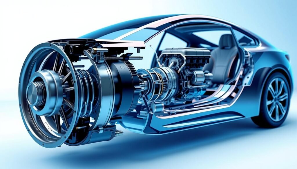 A detailed cross-sectional illustration showcasing the internal components of a hybrid vehicle's powertrain. In the foreground, a sleek electric motor unit with intricate components and gearing. In the middle ground, a compact internal combustion engine, its pistons and crankshaft visible. The background depicts the vehicle's chassis and suspension system, highlighting the integration of these two power sources. The lighting is crisp and technical, with a slight blue hue to convey the modern, efficient nature of the hybrid system. The angle is slightly elevated, providing an informative, almost educational perspective on the hybrid powertrain's inner workings. A detailed cross-sectional illustration showcasing the internal components of a hybrid vehicle's powertrain. In the foreground, a sleek electric motor unit with intricate components and gearing. In the middle ground, a compact internal combustion engine, its pistons and crankshaft visible. The background depicts the vehicle's chassis and suspension system, highlighting the integration of these two power sources. The lighting is crisp and technical, with a slight blue hue to convey the modern, efficient nature of the hybrid system. The angle is slightly elevated, providing an informative, almost educational perspective on the hybrid powertrain's inner workings.