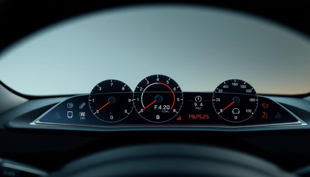 A detailed dashboard display showcasing the essential warning lights and indicators of a modern automobile. The foreground features a sleek, high-contrast panel with precisely rendered symbols and icons, their meanings clearly conveyed through minimalist yet intuitive design. The middle ground offers a subtly blurred, three-dimensional perspective, heightening the sense of depth and interactive functionality. The background subtly gradients from a cool, neutral tone to a warmer hue, creating a sense of depth and sophistication. Soft, directional lighting casts gentle shadows, emphasizing the tactile quality of the dashboard elements. The overall composition strikes a balance between technical precision and aesthetic appeal, inviting the viewer to understand the fundamental importance of these dashboard indicators. A detailed dashboard display showcasing the essential warning lights and indicators of a modern automobile. The foreground features a sleek, high-contrast panel with precisely rendered symbols and icons, their meanings clearly conveyed through minimalist yet intuitive design. The middle ground offers a subtly blurred, three-dimensional perspective, heightening the sense of depth and interactive functionality. The background subtly gradients from a cool, neutral tone to a warmer hue, creating a sense of depth and sophistication. Soft, directional lighting casts gentle shadows, emphasizing the tactile quality of the dashboard elements. The overall composition strikes a balance between technical precision and aesthetic appeal, inviting the viewer to understand the fundamental importance of these dashboard indicators.