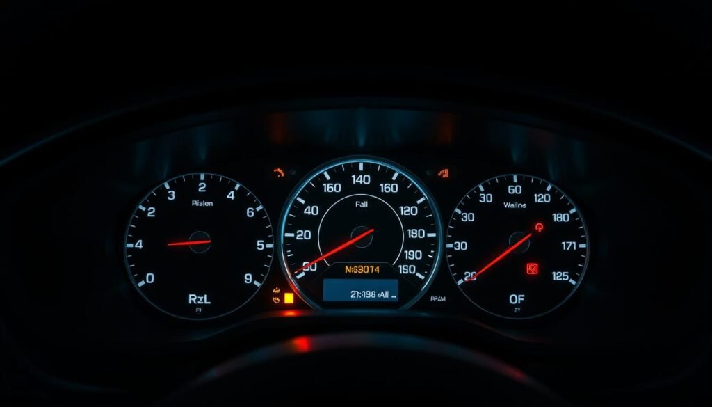 A detailed dashboard panel with various gauges, indicators, and warning lights, shot in a high-resolution, photorealistic style with dramatic lighting and depth of field. The panel is presented against a dark, minimalist background, with the lighting and shadows highlighting the contours and textures of the individual elements. The overall mood is one of technical precision and the importance of understanding the information displayed on the dashboard.