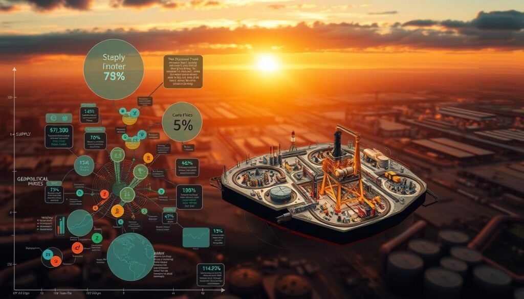 A detailed, data-driven illustration of the key factors influencing global oil prices. In the foreground, a scatter plot of supply, demand, and geopolitical tensions, with interactive data visualizations. In the middle ground, a cutaway diagram showcasing the intricate mechanisms of oil production, refining, and distribution. In the background, an abstract landscape of energy infrastructure, pipelines, and storage facilities, bathed in a warm, authoritative lighting. Rendered with a high level of technical accuracy and artistic refinement to create an impactful, educational visual that captures the complex dynamics shaping the international oil market.