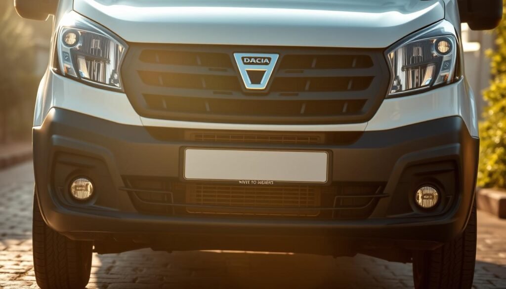 A detailed, high-quality close-up shot of the front view of a Dacia Dokker van, showcasing its distinctive grille, headlights, and bumper design. The lighting is soft and diffused, creating a warm, inviting atmosphere. The angle emphasizes the vehicle's strong, sturdy stance, conveying a sense of reliability and practicality. The background is subtly blurred, keeping the focus on the Dokker's clean, modern styling. The image captures the essence of this family-oriented, dependable automobile, reflecting its suitability for the Moroccan market.