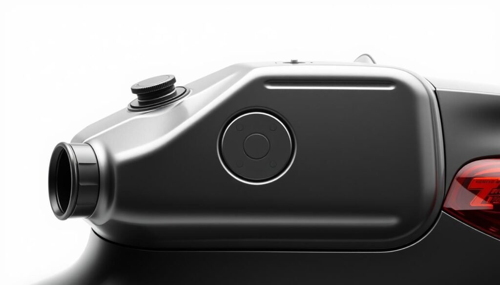 A detailed, high-quality image of a car fuel tank, showcasing its size and dimensions. The tank should be prominently displayed, with precise engineering details and materials visible, such as the fuel inlet, fuel level sensor, and protective casing. The lighting should be bright and evenly distributed, creating a clean, technical aesthetic. The background should be neutral, allowing the fuel tank to be the sole focus, conveying its importance and role in the car's overall operation. The camera angle should provide a slightly elevated, three-quarter view to highlight the tank's shape and size in relation to the vehicle. A detailed, high-quality image of a car fuel tank, showcasing its size and dimensions. The tank should be prominently displayed, with precise engineering details and materials visible, such as the fuel inlet, fuel level sensor, and protective casing. The lighting should be bright and evenly distributed, creating a clean, technical aesthetic. The background should be neutral, allowing the fuel tank to be the sole focus, conveying its importance and role in the car's overall operation. The camera angle should provide a slightly elevated, three-quarter view to highlight the tank's shape and size in relation to the vehicle.