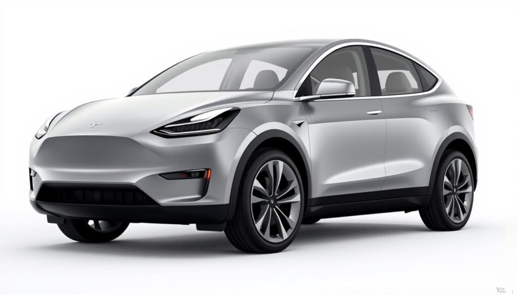 A detailed, high-quality rendering of the new Tesla Model Y electric vehicle, showcasing its distinctive improvements and design features. Set against a clean, minimal background with soft, directional lighting to accentuate the vehicle's sleek lines and elegant proportions. Capture the vehicle from a slightly elevated, three-quarter angle to provide a comprehensive view of the car's refined exterior, including the updated front bumper, side mirrors, and taillight design. Convey a sense of sophistication and advanced technology that aligns with the vehicle's positioning as a premium electric SUV.
