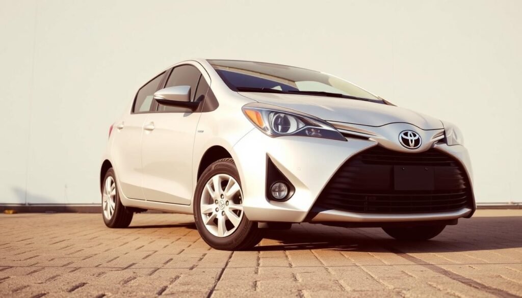 A detailed, high-resolution photograph of a Toyota Yaris hatchback vehicle, shot from a slightly elevated angle to showcase the front three-quarter view. The car is parked on a clean, paved surface, with a plain, uncluttered background that allows the vehicle to be the focal point. The lighting is natural and evenly distributed, creating a warm, inviting atmosphere. The Yaris is presented in a neutral exterior color, such as silver or white, to highlight the clean, modern lines of the design. The wheels, trim, and other details are clearly visible, showcasing the vehicle's overall quality and attention to detail. The image conveys a sense of practicality, reliability, and everyday functionality that is characteristic of the Toyota Yaris.