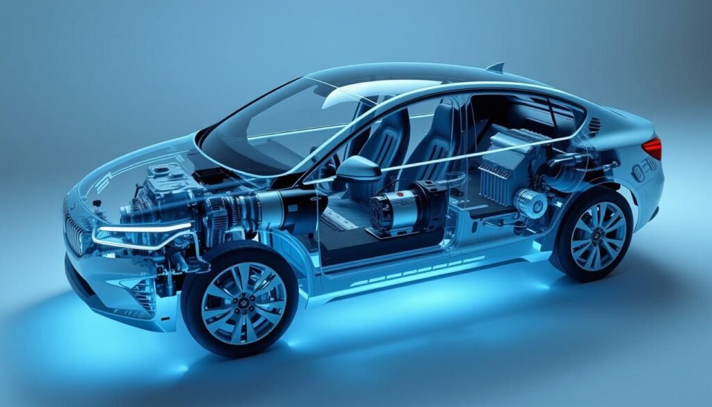 A detailed illustration of hybrid car technologies, showcasing the intricate components and innovative systems that power these eco-friendly vehicles. The scene depicts a cutaway view of a hybrid car, revealing its complex internal mechanisms, including the electric motor, battery pack, and gasoline engine, all working in seamless harmony. The image is bathed in a cool, blue-tinted lighting, highlighting the technical precision and futuristic nature of the hybrid technology. The angle provides a clear, informative perspective, allowing the viewer to appreciate the engineering complexity and understand the principles behind hybrid propulsion. The overall mood is one of technological sophistication and environmental responsibility. A detailed illustration of hybrid car technologies, showcasing the intricate components and innovative systems that power these eco-friendly vehicles. The scene depicts a cutaway view of a hybrid car, revealing its complex internal mechanisms, including the electric motor, battery pack, and gasoline engine, all working in seamless harmony. The image is bathed in a cool, blue-tinted lighting, highlighting the technical precision and futuristic nature of the hybrid technology. The angle provides a clear, informative perspective, allowing the viewer to appreciate the engineering complexity and understand the principles behind hybrid propulsion. The overall mood is one of technological sophistication and environmental responsibility.