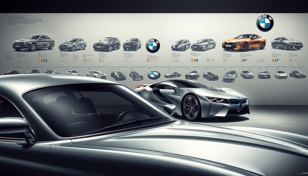 A detailed illustration of the history and evolution of BMW, showcasing its iconic designs and technological advancements over the decades. Depict a sleek, silver BMW vehicle from the 1930s in the foreground, with a modern, aerodynamic BMW concept car in the middle ground. In the background, incorporate a timeline of significant BMW milestones, including early models, the company's involvement in motorsports, and its transition to luxury and performance-oriented vehicles. Convey a sense of BMW's rich heritage and its continuous pursuit of innovation through a cinematic, high-contrast lighting setup and a slightly muted color palette that evokes a timeless, premium aesthetic. A detailed illustration of the history and evolution of BMW, showcasing its iconic designs and technological advancements over the decades. Depict a sleek, silver BMW vehicle from the 1930s in the foreground, with a modern, aerodynamic BMW concept car in the middle ground. In the background, incorporate a timeline of significant BMW milestones, including early models, the company's involvement in motorsports, and its transition to luxury and performance-oriented vehicles. Convey a sense of BMW's rich heritage and its continuous pursuit of innovation through a cinematic, high-contrast lighting setup and a slightly muted color palette that evokes a timeless, premium aesthetic.