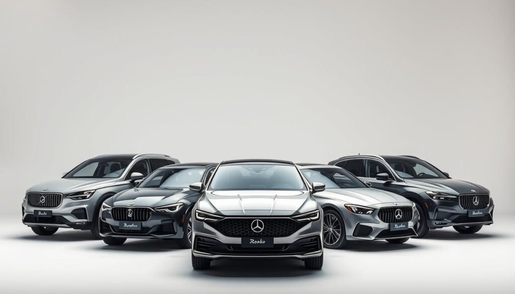 A detailed, technical comparison of the latest 2025 car models in the Arab world. A clean, minimalist background with a centered perspective, highlighting the front and side profiles of several luxury sedans in a sleek, modern design. Soft, directional lighting from the left accentuates the contours and highlights the interplay of metallic tones. The cars are arranged in a semi-circle, inviting the viewer to examine and contrast their distinctive features. An air of sophistication and exclusivity pervades the scene, setting the stage for an in-depth analysis of the top vehicles in this dynamic market.