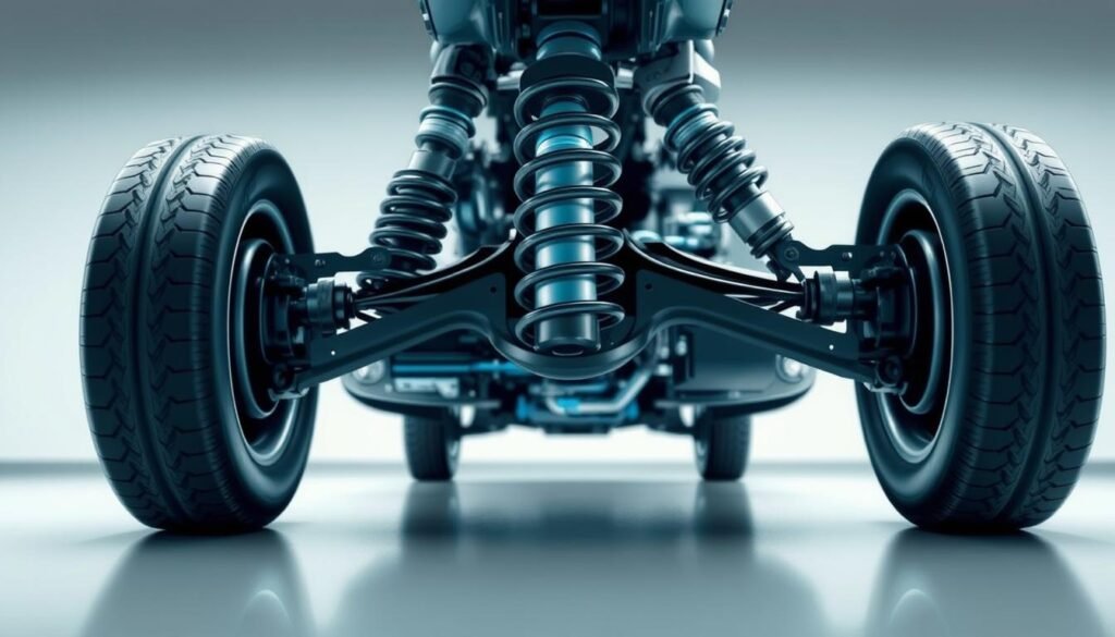 A detailed, technical illustration of a car's suspension system. The foreground depicts the suspension components, including shock absorbers, coil springs, and control arms, rendered in high detail with a focus on the intricate mechanics. The middle ground showcases the chassis and wheels, providing context for the suspension system. The background features a clean, minimalist environment, with subtle, muted tones to allow the suspension components to take center stage. The lighting is crisp and evenly distributed, highlighting the three-dimensional nature of the parts. The overall composition conveys a sense of precision and functionality, suitable for a technical article on suspension system maintenance.
