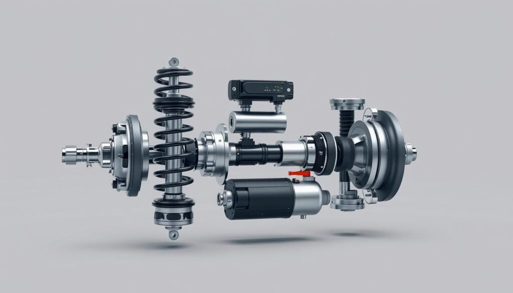 A detailed technical illustration of an air suspension system. Show a cutaway view revealing the internal components - the air springs, shock absorbers, compressor, and electronic control module. Render the parts with high precision and accuracy, using a mix of metallic, rubber, and plastic materials. Place the assembly against a clean, neutral background, with subtle ambient lighting to highlight the intricate details. Convey a sense of engineering sophistication and innovative automotive design.