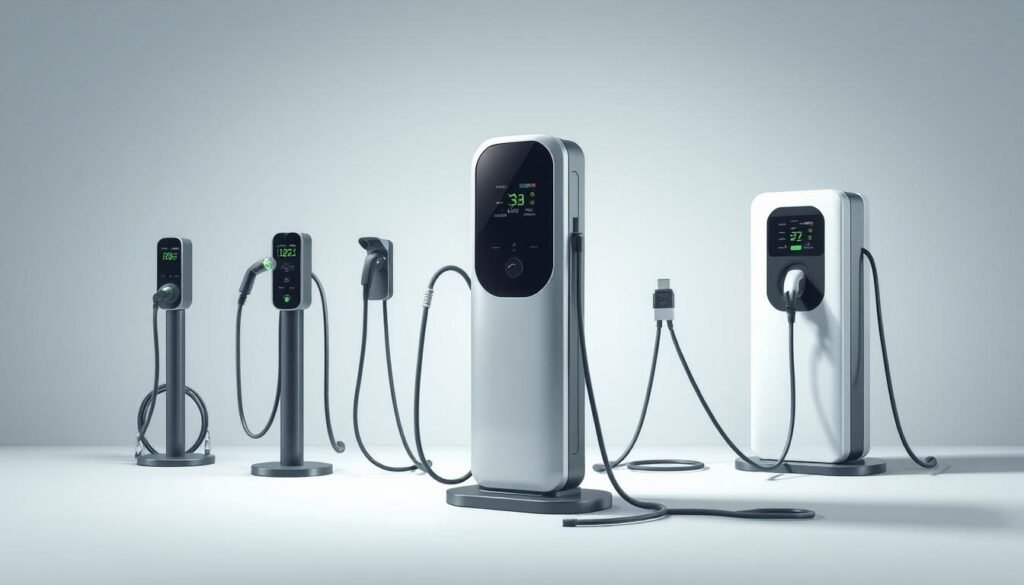 A detailed technical illustration showcasing various types of electric vehicle chargers against a clean, minimalist background. The scene features a range of charging plugs, cables, and charging station units, all depicted with a high level of realism and precision. The lighting is soft and diffuse, highlighting the sleek, modern design of the equipment. The composition is balanced and organized, allowing the viewer to clearly examine the different charging solutions. The overall mood is one of informative clarity, guiding the viewer through the fundamental aspects of EV charging. A detailed technical illustration showcasing various types of electric vehicle chargers against a clean, minimalist background. The scene features a range of charging plugs, cables, and charging station units, all depicted with a high level of realism and precision. The lighting is soft and diffuse, highlighting the sleek, modern design of the equipment. The composition is balanced and organized, allowing the viewer to clearly examine the different charging solutions. The overall mood is one of informative clarity, guiding the viewer through the fundamental aspects of EV charging.