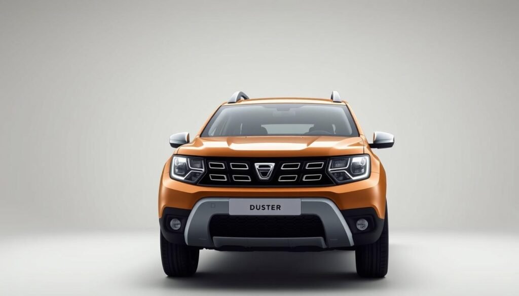 A detailed technical specification sheet of the 2024 Dacia Duster, showcased in a sleek, minimalist layout. The vehicle is positioned in the foreground, captured from a low angle to emphasize its rugged, muscular stance. The background is a clean, neutral environment, allowing the car's design elements to take center stage. The lighting is soft and diffused, creating a sense of sophistication and highlighting the Duster's sharp lines and distinctive grille. The overall mood is one of precision and craftsmanship, reflecting the vehicle's purpose-driven design and practical capabilities.