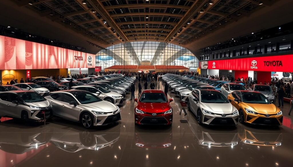 A grand exhibition hall in Tokyo, bathed in soft, warm lighting. In the foreground, an array of gleaming Toyota vehicles, their sleek silhouettes and cutting-edge designs catching the eye. Reflections dance on the polished floors, creating an illusion of depth and grandeur. In the middle ground, crowds of visitors wander, awed by the impressive lineup of the latest Toyota models. The background is filled with the iconic architecture of the Tokyo Motor Show, its sweeping curves and glass facades creating a futuristic, tech-forward atmosphere. The overall scene conveys a sense of innovation, sophistication, and Toyota's unwavering commitment to redefining the automotive experience.