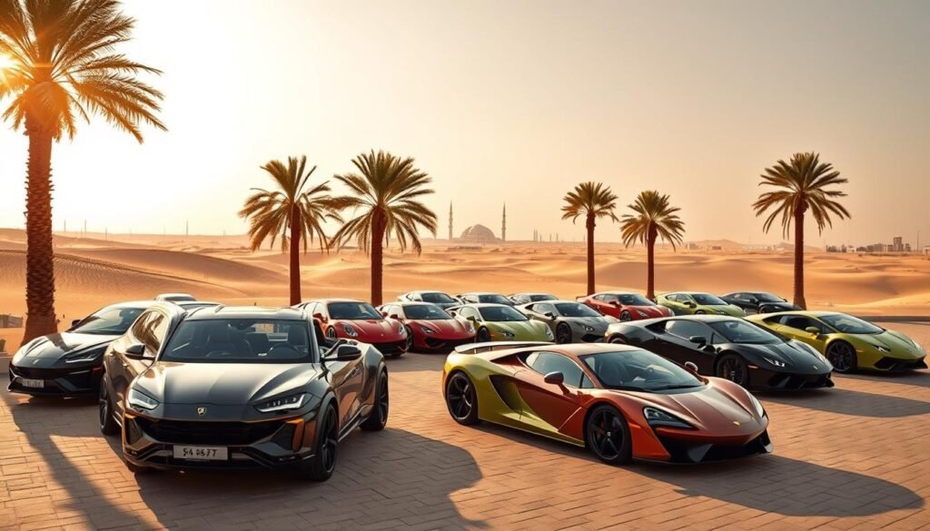 A grandiose collection of luxurious automobiles set against the backdrop of the majestic Saudi Arabian landscape. Sleek and powerful sports cars, from gleaming Lamborghini Urus SUVs to the iconic Aventador supercars, exude an air of opulence and exclusivity. The vehicles are showcased in a meticulously curated setting, with the warm desert sun casting a golden glow and highlighting the intricate design details. The scene is framed by towering palm trees and the distant silhouettes of iconic Saudi landmarks, creating a harmonious blend of modern elegance and timeless Arabian charm. The overall atmosphere conveys a sense of wealth, sophistication, and the high-end automotive culture thriving within the Kingdom.