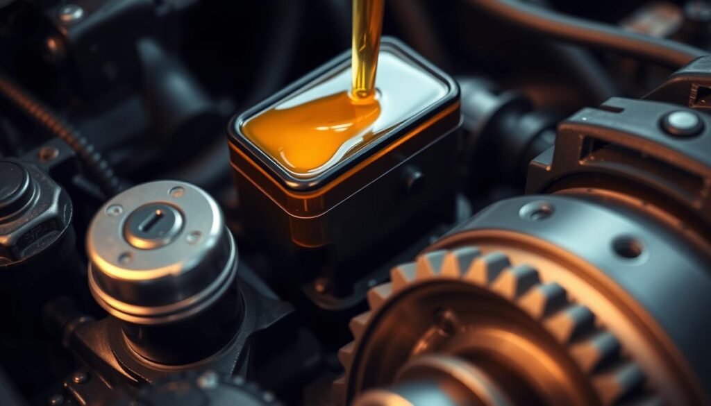 A high-angle view of a car's transmission system, with the transmission fluid reservoir and gears in focus. The oil in the reservoir appears golden and viscous, suggesting its protective properties. The background is blurred, emphasizing the importance of the transmission components. Soft, warm lighting illuminates the scene, creating a sense of care and maintenance. The image conveys the pivotal role of transmission fluid in preserving the smooth operation and longevity of the vehicle's drivetrain.