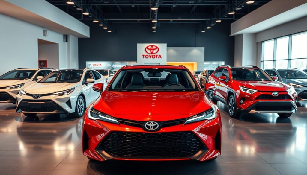 A high-quality, sleek, and modern showroom display of the latest Toyota vehicle models. Showcase the front, side, and rear views of several new Toyota sedans, SUVs, and crossovers, each illuminated by warm, soft lighting that accentuates their bold, dynamic designs and premium finishes. Capture the vehicles from an eye-level perspective, creating a sense of scale and presence. Maintain a clean, uncluttered background that focuses the viewer's attention on the cars themselves, conveying a sense of sophistication and technological innovation.