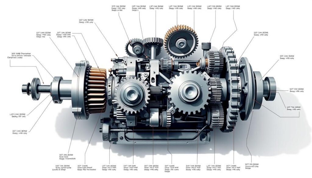 A high-resolution, detailed diagram of a car transmission system, showcasing its inner workings. The main focus is on the gears, shafts, and mechanisms that make up the transmission, presented with a technical, engineering-focused aesthetic. The image should have a clean, schematic layout, with the various components labeled and organized in a clear, easy-to-understand manner. The lighting should be bright and evenly distributed, casting subtle shadows to emphasize the three-dimensional nature of the parts. The overall mood should convey a sense of precision, functionality, and mechanical sophistication, suitable for illustrating the inner workings of an automotive transmission. A high-resolution, detailed diagram of a car transmission system, showcasing its inner workings. The main focus is on the gears, shafts, and mechanisms that make up the transmission, presented with a technical, engineering-focused aesthetic. The image should have a clean, schematic layout, with the various components labeled and organized in a clear, easy-to-understand manner. The lighting should be bright and evenly distributed, casting subtle shadows to emphasize the three-dimensional nature of the parts. The overall mood should convey a sense of precision, functionality, and mechanical sophistication, suitable for illustrating the inner workings of an automotive transmission.