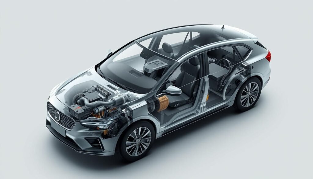 A highly detailed and technical illustration of a car's electronic stability control system, showcasing its key components and functionality. Capture the system in a clean, technical aesthetic with a neutral color palette, using a combination of metallic and matte finishes to convey the complexity and precision of the engineering. Incorporate a cutaway or exploded view to reveal the inner workings, with clear delineation of the major subsystems and sensors. Employ a precise, isometric perspective and dramatic studio lighting to emphasize the technical nature of the subject matter. The overall mood should be one of professionalism and authority, reflecting the importance of this safety-critical system.
