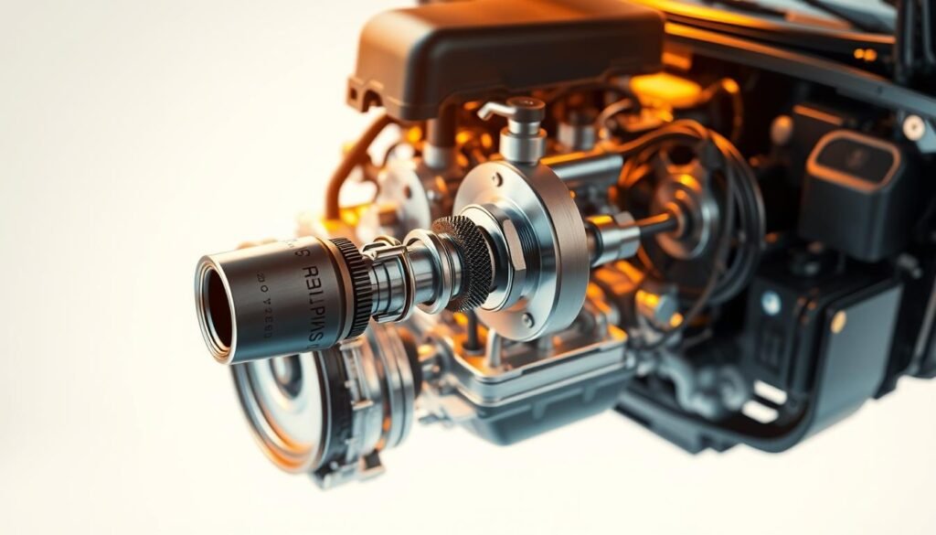 A highly detailed cutaway illustration of a car engine, meticulously showcasing the oxygen sensor in action. The sensor is prominently featured, with its inner workings and connections to the engine management system clearly visible. The scene is bathed in warm, golden lighting, highlighting the intricate mechanical components and the importance of the oxygen sensor's role in optimizing engine performance and efficiency. The background is clean and uncluttered, allowing the viewer to focus on the key elements. The overall composition and level of detail convey the essential nature of the oxygen sensor in managing the engine's operations.