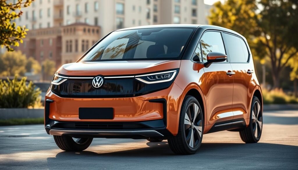 A highly detailed, photorealistic exterior view of a 2025 Volkswagen ID Buzz electric vehicle. The vehicle is positioned in a natural, outdoor setting with soft, natural lighting illuminating its sleek, retro-inspired design. The Buzz's distinctive two-tone color scheme and iconic, rounded silhouette are prominently featured, showcasing its iconic Volkswagen styling cues. The camera angle provides a front three-quarter perspective, capturing the vehicle's bold front grille, striking LED headlights, and aerodynamic body panels. The background features a blurred, but recognizable urban environment, with the Buzz taking center stage as the focal point of the image.