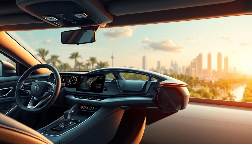 A highly detailed, photorealistic image of the key criteria for selecting the ideal car in 2025 for the Arab world. The foreground depicts a stylized dashboard with minimalist digital displays, haptic controls, and sleek modern materials. The middle ground showcases a cutaway side view of the car's exterior, highlighting its aerodynamic silhouette, advanced lighting systems, and premium finishing details. The background blends a futuristic cityscape with lush greenery, conveying a sense of sustainability and technological progress. The lighting is a combination of warm ambient tones and cool, high-contrast accents, creating depth and drama. The overall mood is one of sophistication, innovation, and environmental consciousness.