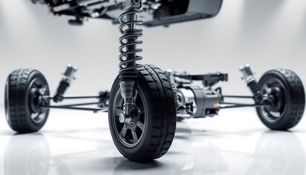 A highly detailed, technical illustration of an automotive air suspension system. The foreground shows the suspension components, including the air spring, shock absorber, and adjustable height control mechanism. The middle ground depicts the chassis and wheel assembly, showcasing how the air suspension system interfaces with the vehicle. The background features a clean, minimalist environment with subtle gradients and reflections, allowing the engineering details to be the focal point. Realistic lighting accentuates the metallic surfaces and mechanical intricacies. The overall composition conveys a sense of precision, functionality, and advanced automotive engineering.