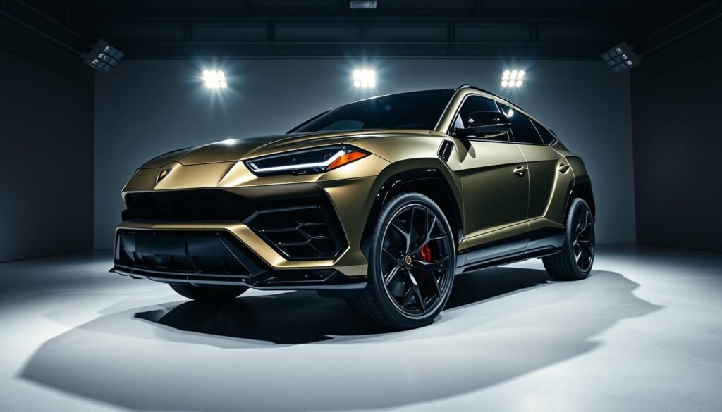 A luxurious and sleek Lamborghini Urus SUV, captured in a dynamic and well-lit studio setting. The vehicle's striking angular design, with its bold front grille, sharp creases, and muscular wheel arches, is highlighted through dramatic lighting that casts dramatic shadows. The Urus' vibrant metallic paint finish, reflecting the studio's spotlights, creates a sense of opulence and sophistication. The camera angle emphasizes the Urus' imposing presence, conveying its power and capability. The overall composition and lighting evoke a sense of exclusivity and high-end luxury, perfectly suited to showcase the allure and desirability of this premium SUV.
