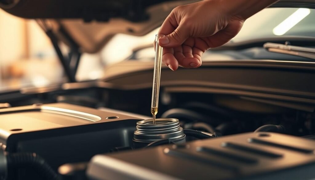 A mechanic carefully dipping a dipstick into the engine oil reservoir, checking the level and quality of the motor oil. The scene is lit by warm, diffused lighting, creating a serene, focused atmosphere. The mechanic's hands and the engine bay are the central focus, conveying the technical, hands-on nature of the task. The background is blurred, keeping the attention on the specific oil checking process. The image should effectively illustrate the section on when to change the engine oil, as part of a comprehensive guide for beginners. A mechanic carefully dipping a dipstick into the engine oil reservoir, checking the level and quality of the motor oil. The scene is lit by warm, diffused lighting, creating a serene, focused atmosphere. The mechanic's hands and the engine bay are the central focus, conveying the technical, hands-on nature of the task. The background is blurred, keeping the attention on the specific oil checking process. The image should effectively illustrate the section on when to change the engine oil, as part of a comprehensive guide for beginners.