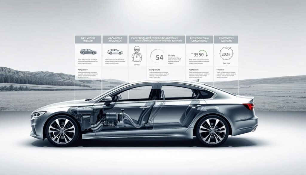 A meticulously rendered illustration depicting the key factors influencing fuel consumption in automobiles. Prominently featured in the foreground, a sleek and modern sedan, its engine components and drivetrain visible through a semi-transparent chassis. In the middle ground, a series of detailed infographics highlighting parameters such as vehicle weight, aerodynamics, driving behavior, and environmental conditions. The background showcases a clean, minimalist landscape with muted tones, allowing the informative elements to take center stage. Crisp, high-resolution photography with a shallow depth of field, capturing the subject matter with technical precision and visual clarity.